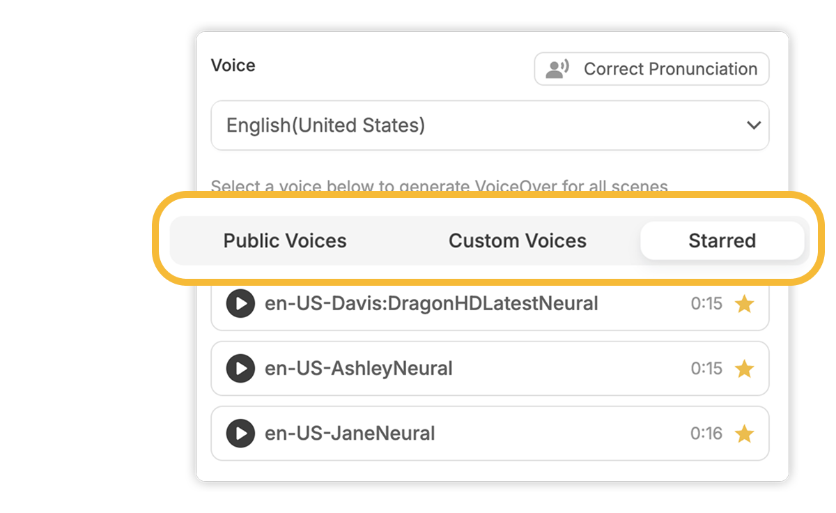 Easy organization — Visla’s AI Voice Library sorts voices into Public, Custom, and Starred categories so you can easily find your favorite cloned voices for future projects.